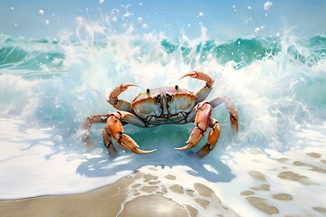  One crab close up in white sea foam with splashes in turquoise sea water. - obrazy, fototapety, plakaty