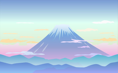 日の出前のパステルカラーの富士山の風景のイラスト