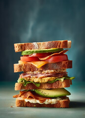 Tasty sandwich with ham, cheese and vegetables on rustic background. Generative AI 