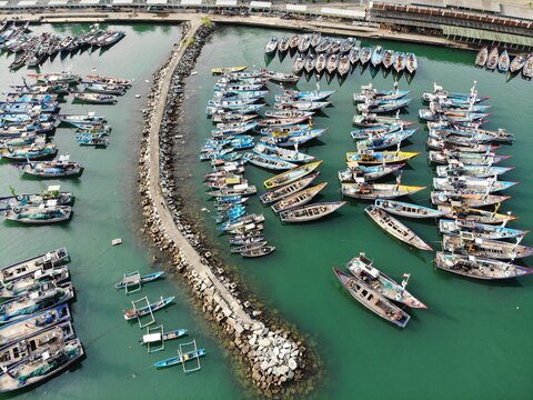 Aerial view of fishing boats in a harbour, Trenggalek, East Java Province, Indonesia