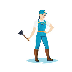 Attractive illustration of a beautiful female plumber with a plunger in her hand