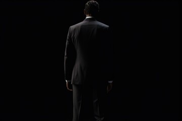 Business Concept. Isolated Businessman in Black Suit on black Background
