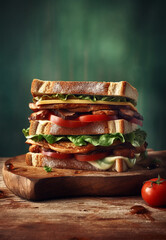 Tasty sandwich with ham, cheese and vegetables on rustic background. Generative AI 