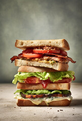 Tasty sandwich with ham, cheese and vegetables on rustic background. Generative AI 