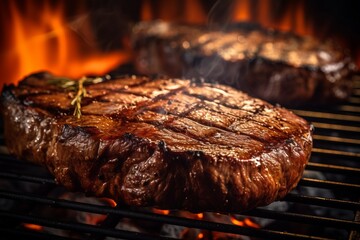 Fototapeta na wymiar Two beautiful big juicy beef steaks on hot grill
