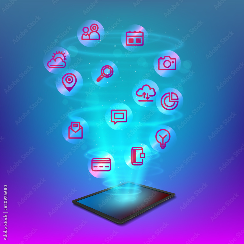 Poster black tablet with abstract cloud of application or web icons