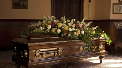 Fototapeta na wymiar casket in funeral room with flowers