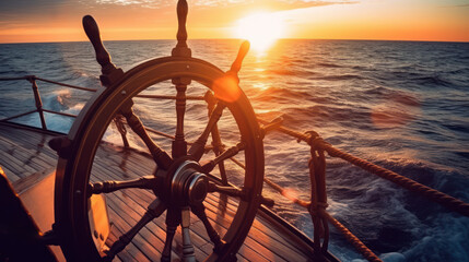 ship wheel on boat with sea and sky. freedom and adventure. direction concept - obrazy, fototapety, plakaty
