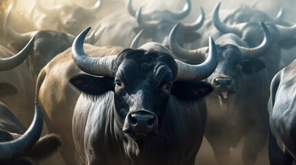 group of bulls with horns.