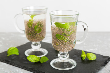 Healthy breakfast or morning with chia seeds and mint on table background, vegetarian food, diet and health concept. Chia pudding with and mint