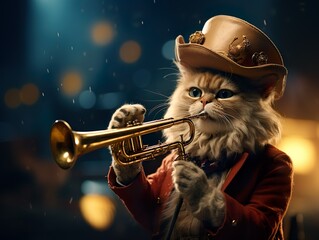 Süße Katze spielt Trompete - obrazy, fototapety, plakaty