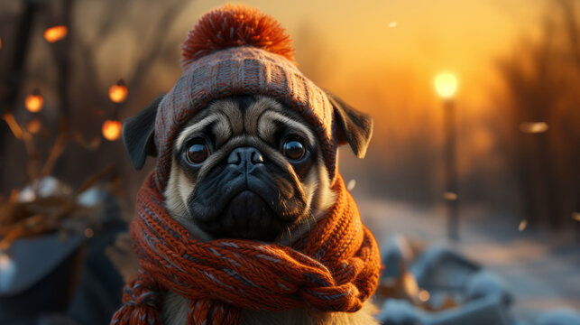 Cute dog pug with knitted hat and scarf on the background winter and snow. Funny pug