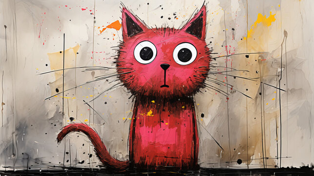 Funny red cat painted with smudges. Splashes and bright color