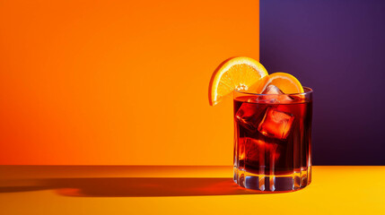Vieux Carre Cocktail on colorful background. Copy Space on the side. Generative AI.