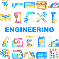 engineering tool work equipment icons set vector. technology repair, wrench spanner, gear screwdriver, industry mechanical engineering tool work equipment color line illustrations