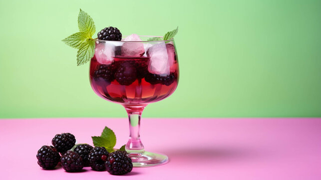 Bramble Cocktail on colorful background. Copy Space on the side. Generative AI.