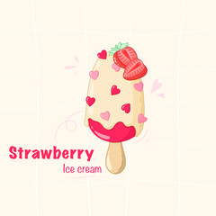 strawberry ice cream , ice cream, beige background, white chocolate with red hearts, red hearts, red dessert, digital illustration, food illustration 