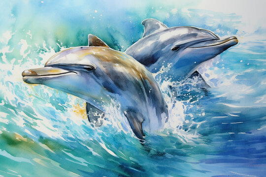 Two dolphins swimming and playing in turquoise sea water. Watercolor painting.