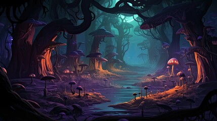 Fantastic mysterious forest. Magic mushrooms and magic flowers and lights. Fairy-tale background. Video Game's Digital Artwork, AI Illustration, Realistic Style.