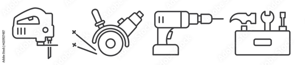 Wall mural toolkit - power tools vector thin line icon collection on white background