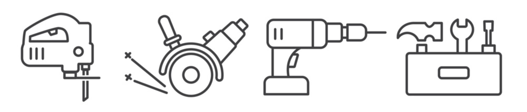 Toolkit - Power tools vector thin line icon collection on white background