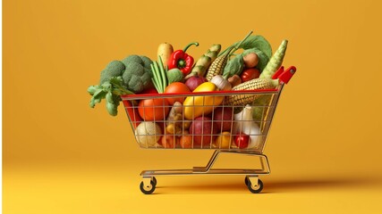 Shopping cart full of fresh fruits and vegetables in grocery store.