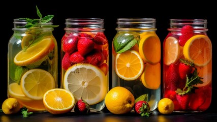 Variety of infused water in glass jars with fruits and berries on black background