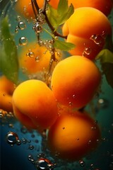 Fototapeta na wymiar Fresh ripe apricots falling into water with splash on dark background
