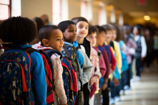 Classmates friends, backpacks slung over their shoulders, lining up to enter the school auditorium for a special assembly Generative AI