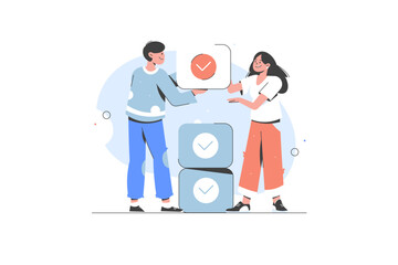 Business People Working Together With Checklist. Done job, to do list with checkboxes, for web banner. Team work concept. Vector flat illustration