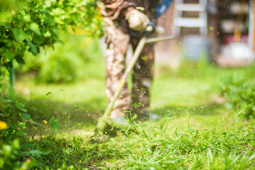 Man mowing tall grass with electric or petrol lawn trimmer in backyard. Gardening care tools and equipment. Process of lawn trimming with hand mower