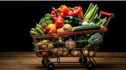 Shopping cart full of fresh fruits and vegetables in grocery store.