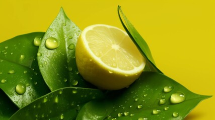Lemon on a green leaf with water drops on a yellow background