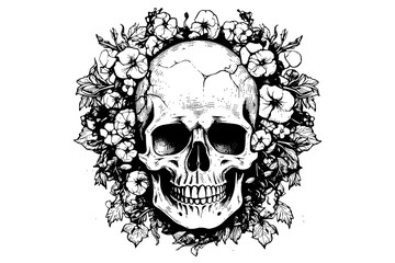 Human skull in a flower frame woodcut style. Vector engraving sketch illustration for tattoo and print design