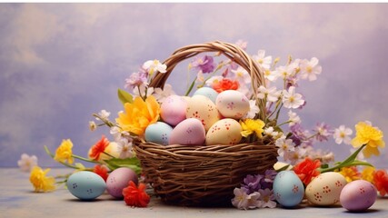 Easter eggs in a basket with spring flowers on a blue background