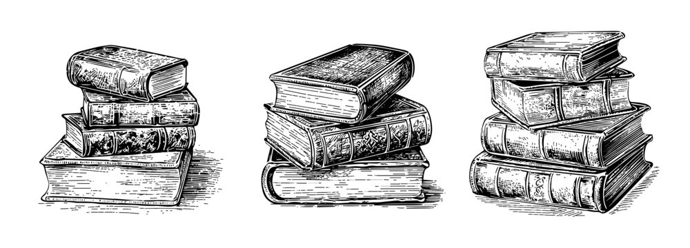 Sketch engraving stack of books set. Hand drawn vector illustration pack. Black and white composition