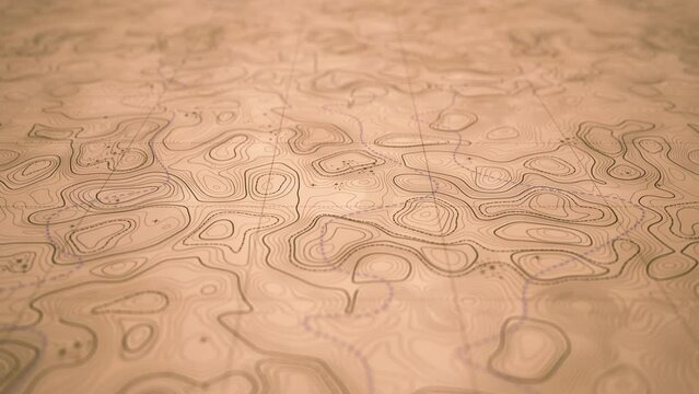 3d Topographic Map Exploration Background/ 4k animation of a 3d topographic map exploration with layered outlined terrain relief and area landmarks and depth of field blur on white torn paper