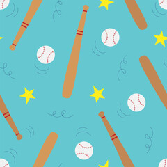 Vector seamless pattern with baseball bats and balls in cartoon style