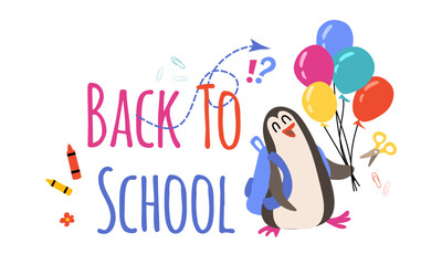 School lettering flat style. Cute penguin with school supplies and ballons. Vector illustration banner.