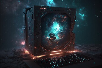gamer computer floating in starry outer space, Generative AI