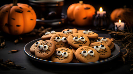 Halloween party cake cookies in a bowl on the table decorated with cream, pumpkins, candles, smoke spooky scary trick or treats October 31.
