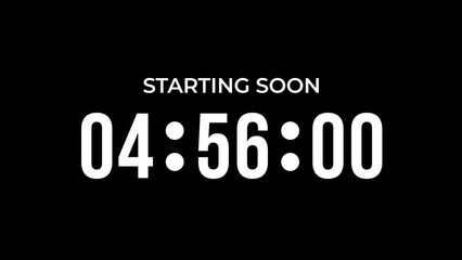 Starting soon Digital countdown clock timer in 5 hours to zero second. White text number on isolated black background. Element for overlay concept. 4K footage motion video - Powered by Adobe