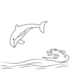 Dolphin jumping on the wave. Monochrome dolphin isolated on white background. Logo template. Vector illustration EPS 10. Editable stroke.