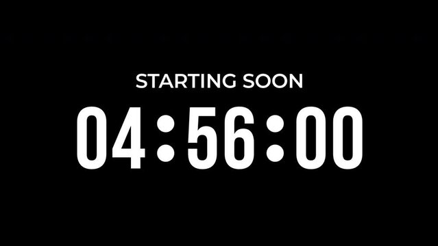 Starting soon Digital countdown clock timer in 5 hours to zero second. White text number on isolated black background. Element for overlay concept. 4K footage motion video