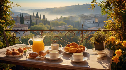 Beautiful sunrise Italian breakfast on a balcony in Provence with a green natural view, decorated with fresh orange juice, croissants, bakery pastry. - obrazy, fototapety, plakaty