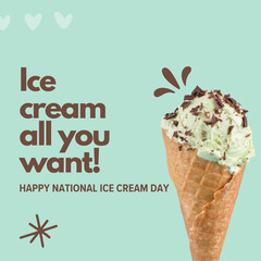Composition of national ice cream day text over ice cream on green background. National ice cream...