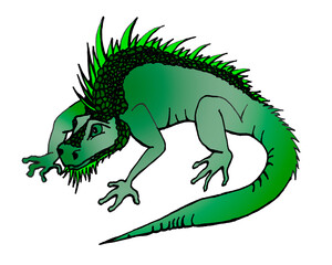Isolated digital image of a lizard-like dragon in an emerald gradient. Traditional symbol of the Chinese New Year. Cartoon humanized silhouette of an exotic animal with a long sharp crest on its back.