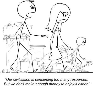 Poor Family and Consuming Resources , Vector Gag Cartoon Stick Figure Illustration