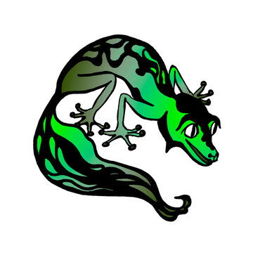 Isolated digital image of a dragon-like lizard in an emerald green gradient. The traditional symbol of the Chinese New Year. Cartoon silhouette of an exotic animal with wavy black pattern on the back.