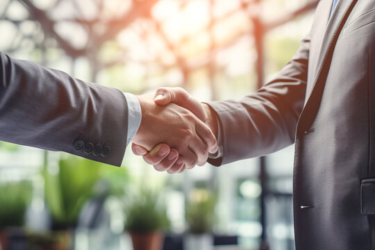 Two businessmen shake hands for teamwork against the backdrop of a bright office space. Successful negotiations of two businessmen shaking hands. Generative AI